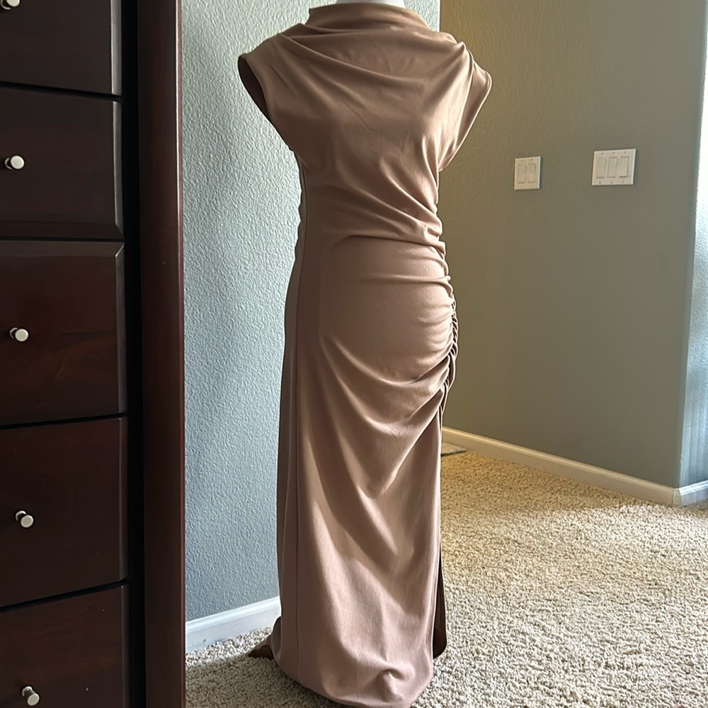 Anthropologie camel ruched cowl neck dress, size M